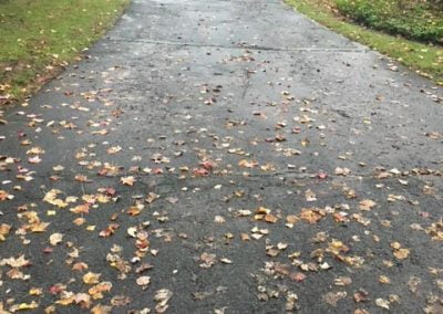 A driveway with fallen leaves being paved with fresh asphalt, surrounded by trees and a house in the background.