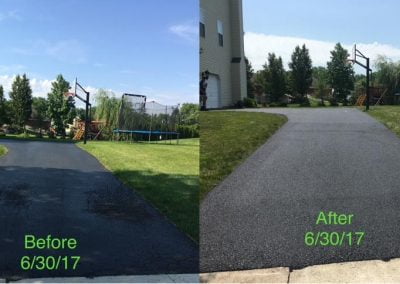 Driveway repair comparison: cracked old driveway on left, smooth new driveway on right, dated 6/30/17.
