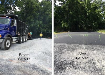 Before and after images of a road being paved, dated 6/27/17, with workers and a truck.