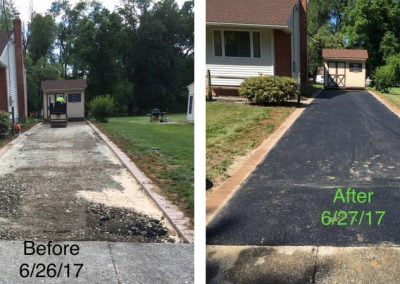 Side-by-side driveway renovation: gravel on left, newly paved asphalt on right. Dates "Before 6/26/17," "After 6/27/17.