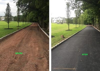 Side-by-side comparison of a gravel driveway before and an asphalt driveway after, surrounded by trees.