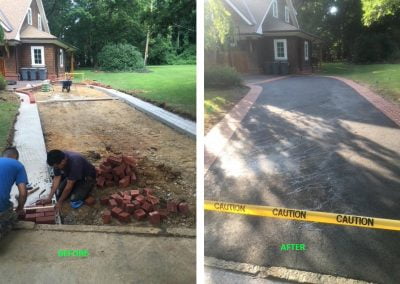 Before and after of driveway renovation with bricks and pavement, caution tape visible.