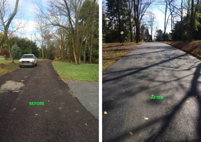 Before and after images of a road, showing improvement from a rough to a smooth surface.