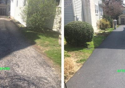 Side-by-side comparison of a gravel driveway before and after being paved with asphalt.