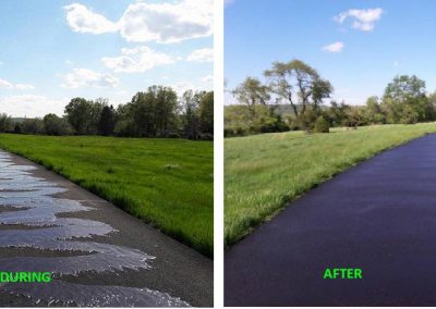 Two-part image: left, road under construction; right, completed paved road surrounded by grass.